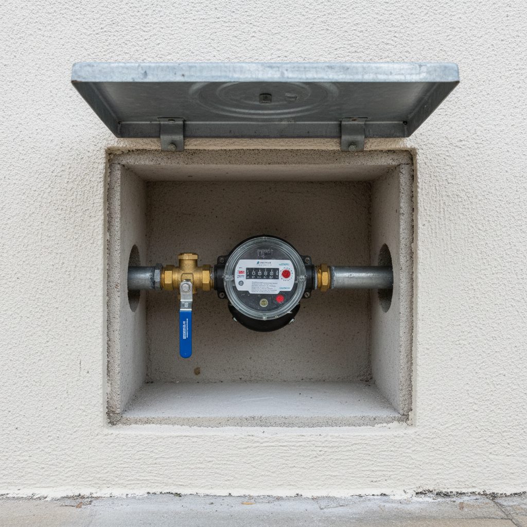 Hidrômetro em caixa de alvenaria, com a tubulação de entrada e de saída